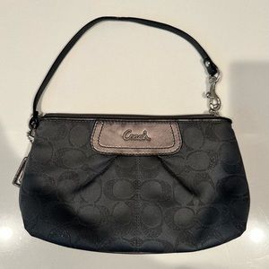COACH Wristlet Signature C Print Charcoal Gray Metallic Canvas Leather Trim
